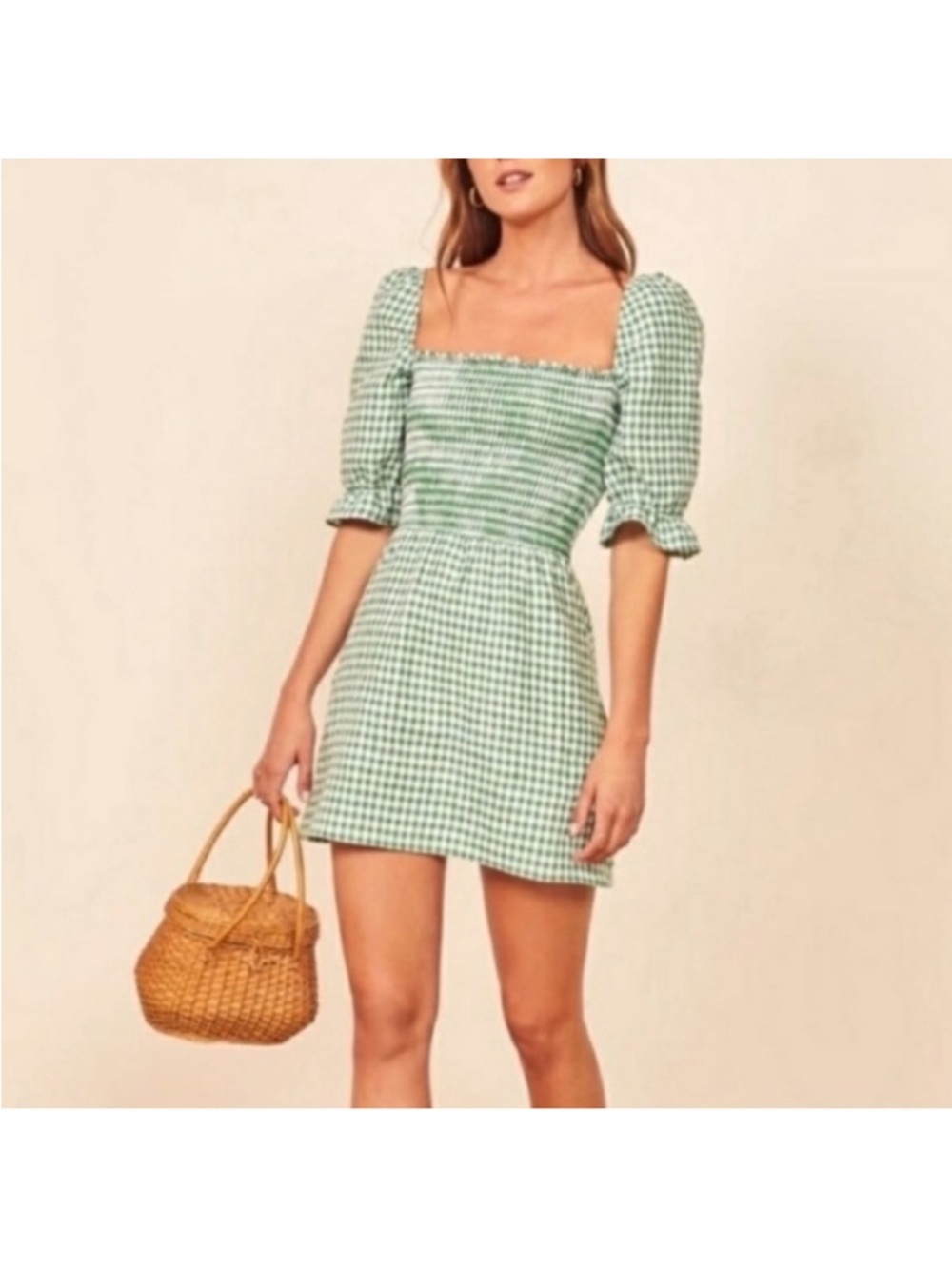 Reformation Smocked Green Linen Checked Dress Small Mini Long Sleeved